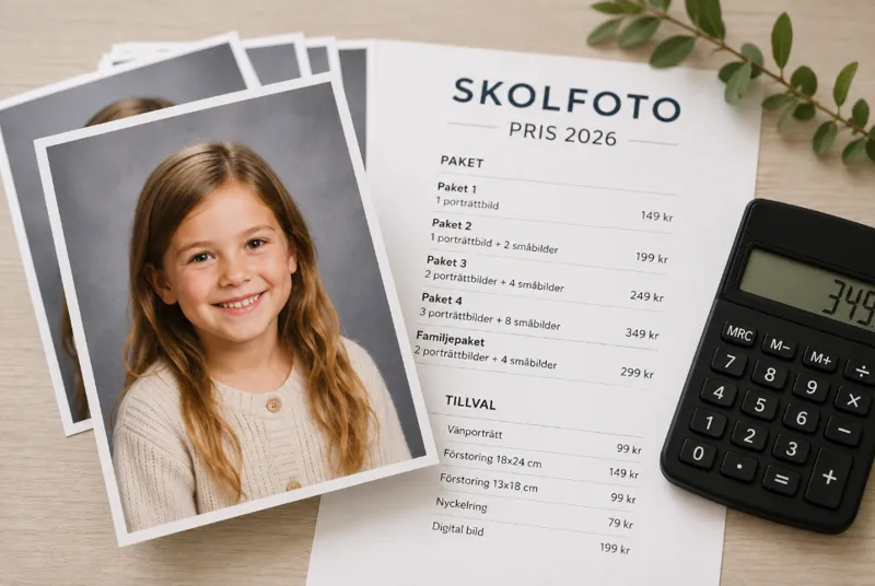 Skolfoto pris 2026 vad kostar paketen och tillvalen