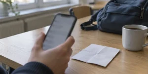 Mobiltelefon och hopvikt lapp från fotodagen på ett köksbord