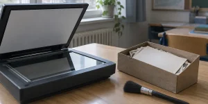 Planskanner på ett skrivbord bredvid en kartong med gamla fotografier