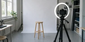 Fotoateljé med vit bakgrund, pall och kamera på stativ för id-foto