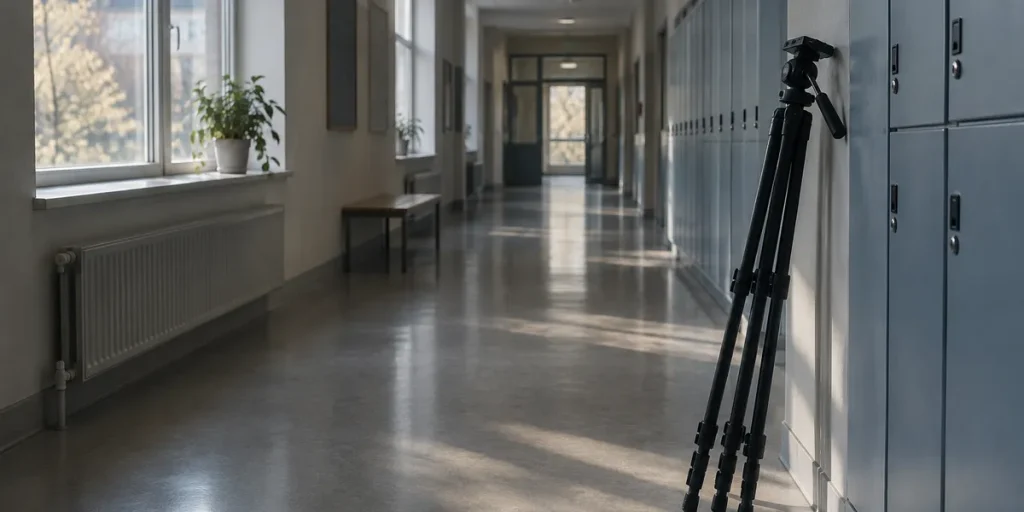 Hopfälld fotobakgrund och kamerastativ i en tom skolkorridor
